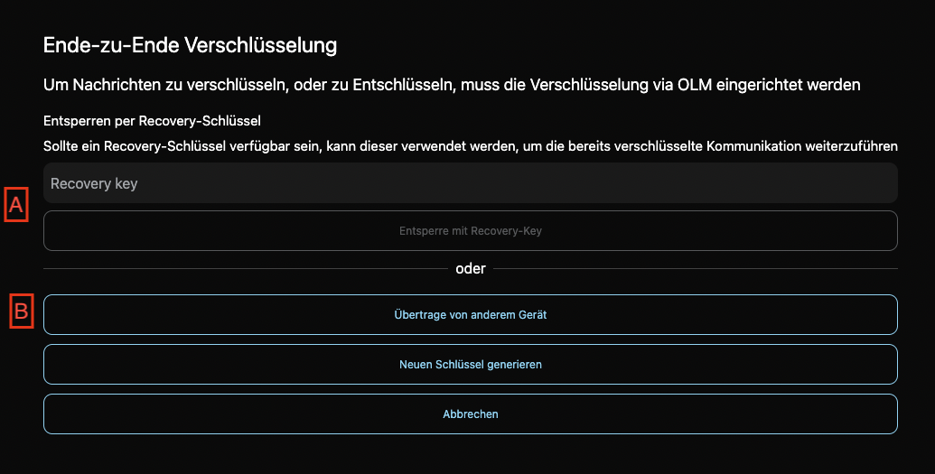 Optionen Recovery Key oder Geratetransfer im Web